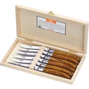 Laguiole biffkniver med skjefter av oliventre, sett med 4 stk i elegant eske