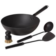Satake woksett i karbonstål 32 cm med spade, øse og rensebørste