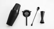 Svart vinyl Boston shaker sett med shaker, strainer, barskje og jigger