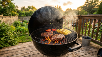 Svart kullgrill med biff og mais på risten, røyk stiger opp, solnedgang i bakgrunnen