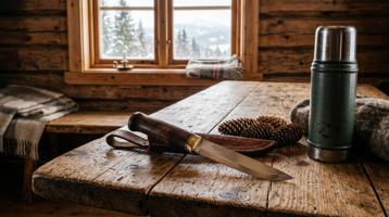 Brusletto Bruslettokniven turkniv med skinnslire på trebenk i hytte