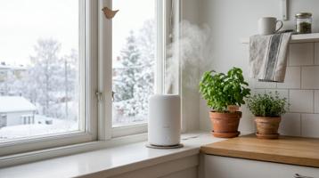 Haus & Luft V1 luftfukter slipper ut mild damp i skandinavisk kjøkkenvindu med urtepotte