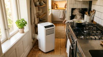 Haus & Luft V20 portabel aircondition ved siden av komfyr i varmt skandinavisk sommerkjøkken