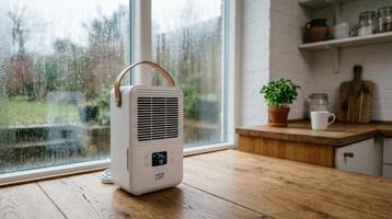 Haus & Luft V5 luftavfukter med skinnhåndtak på tregulv i skandinavisk kjellerkjøkken