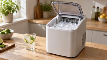 Kompakt isbitmaskin med åpent lokk full av klare isbiter, ved siden av et glass med is og lime