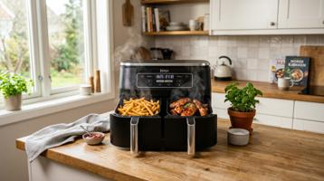 Dual basket airfryer med pommes frites og kyllingvinger