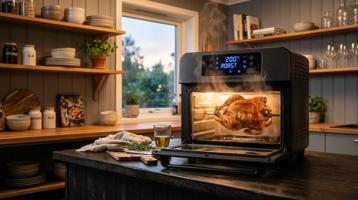 Stor 28L airfryer-ovn med roterende kylling på spyd