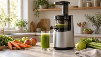Slow juicer på kjøkkenbenken med et glass friskpresset grønn juice, gulrøtter, epler og selleri ved siden av