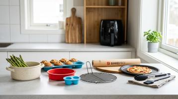 Airfryer-tilbehør arrangert på kjøkkenbenk