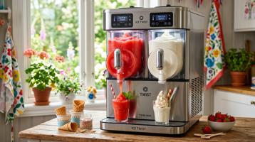 SlushMaster Pro med rød jordbærslush og hvit softis i hjemmekjøkken