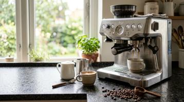 Sage Barista Express espressomaskin med dampende kopp espresso på kjøkkenbenk