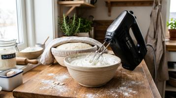 Samcook EasyBlend håndmikser i sort finish med visper og deigkroker på kjøkkenbenk