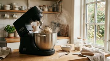 Samcook MasterChef Pro kjøkkenmaskin med deigkrok i bruk på skandinavisk kjøkkenbenk