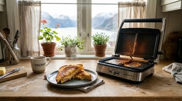 Multifunksjons toastjern med grillet toast på lys kjøkkenbenk