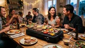 Elektrisk bordgrill med dampende hamburgere midt på spisebord