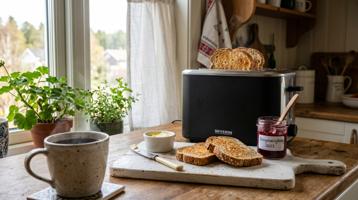 Sort brødrister i rustfritt stål med ristede brødskiver og kaffe på kjøkkenbenk