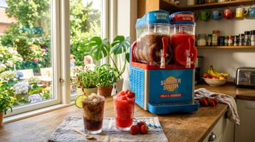 Slushmaskin med fargerik slush og drinker