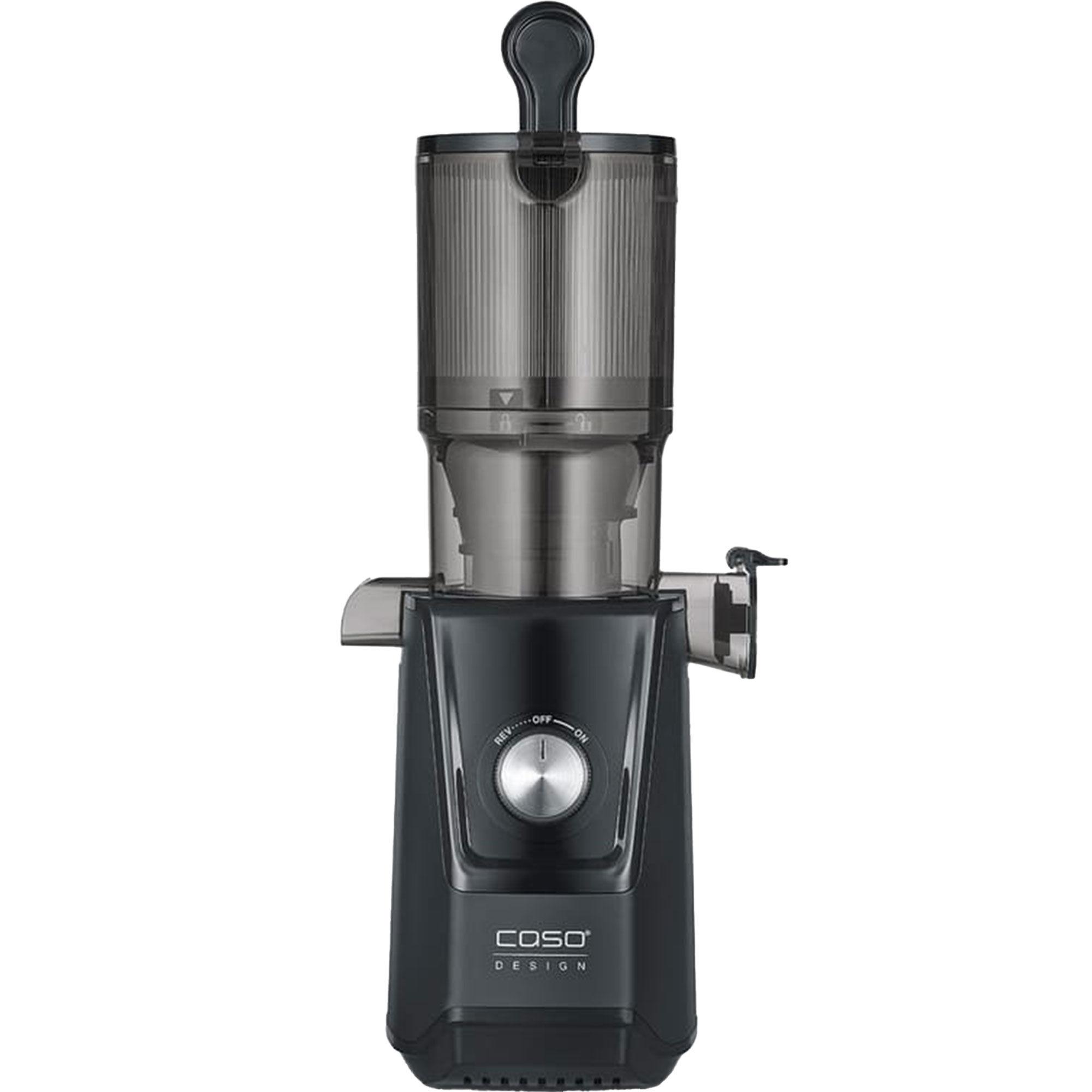 Caso Slow Juicer i matt svart med bred 105mm innmating og to oppsamlingskanner