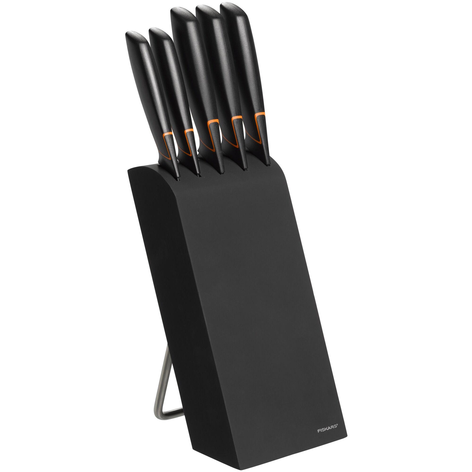 Fiskars Edge knivsett med 5 kniver og svart knivblokk