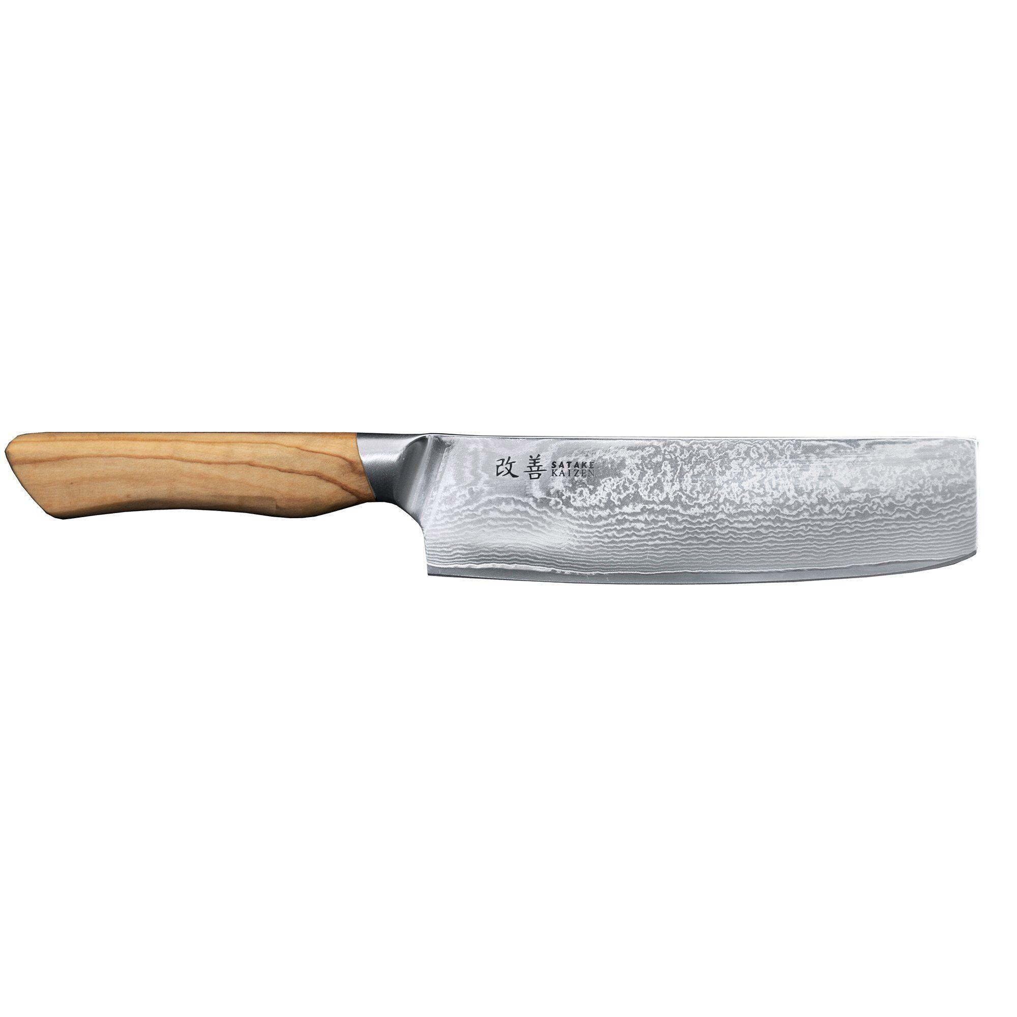 Satake Kaizen nakiri grønnsakskniv 16 cm med oliventre-skaft og damaskus-blad