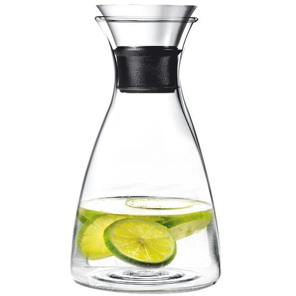 Eva Solo dryppfri karaffel 1 liter i klart borosilikatglass med rustfritt stål og silikon på tuten