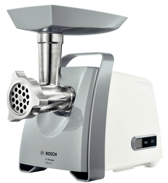 Bosch MFW66020 kjøttkvern i hvit med tre hullskiver og pølsehorn
