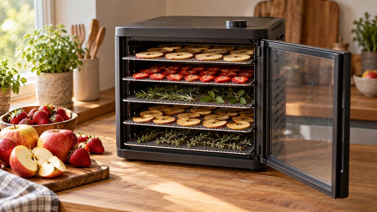 Dehydrator med åpen dør og fem brett med epleskiver, jordbær og urter under tørking