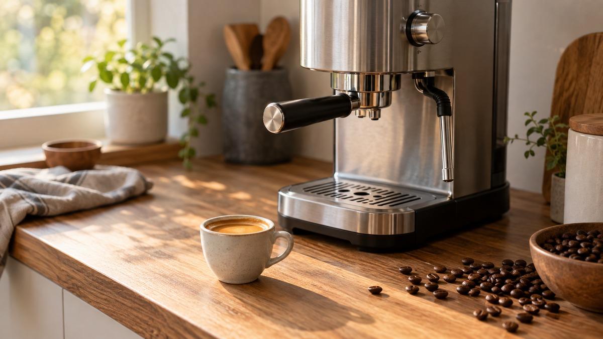 Espressomaskin i stål på kjøkkenbenk i tre med nytrukket espresso i koppen og kaffebønner ved siden av