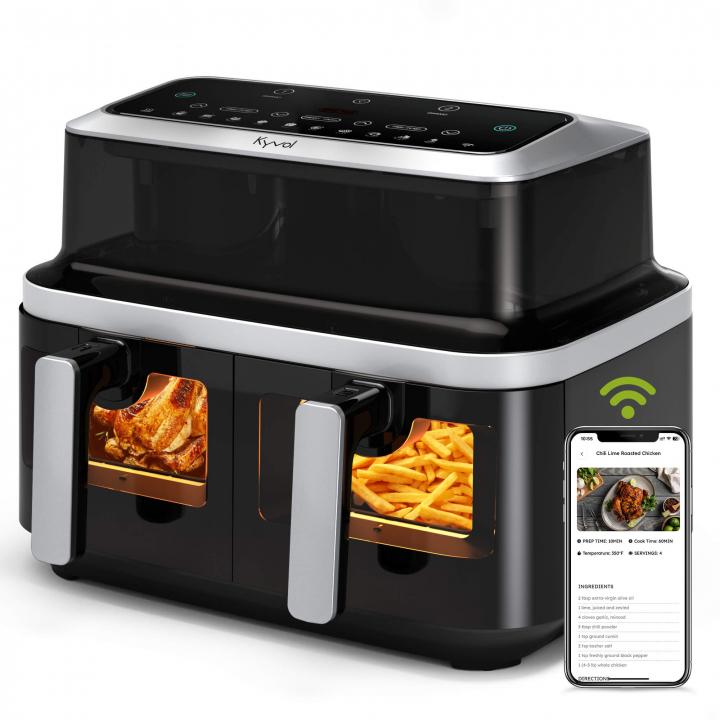 Kyvol Dual Basket Airfryer 9L i sort med to kurver
