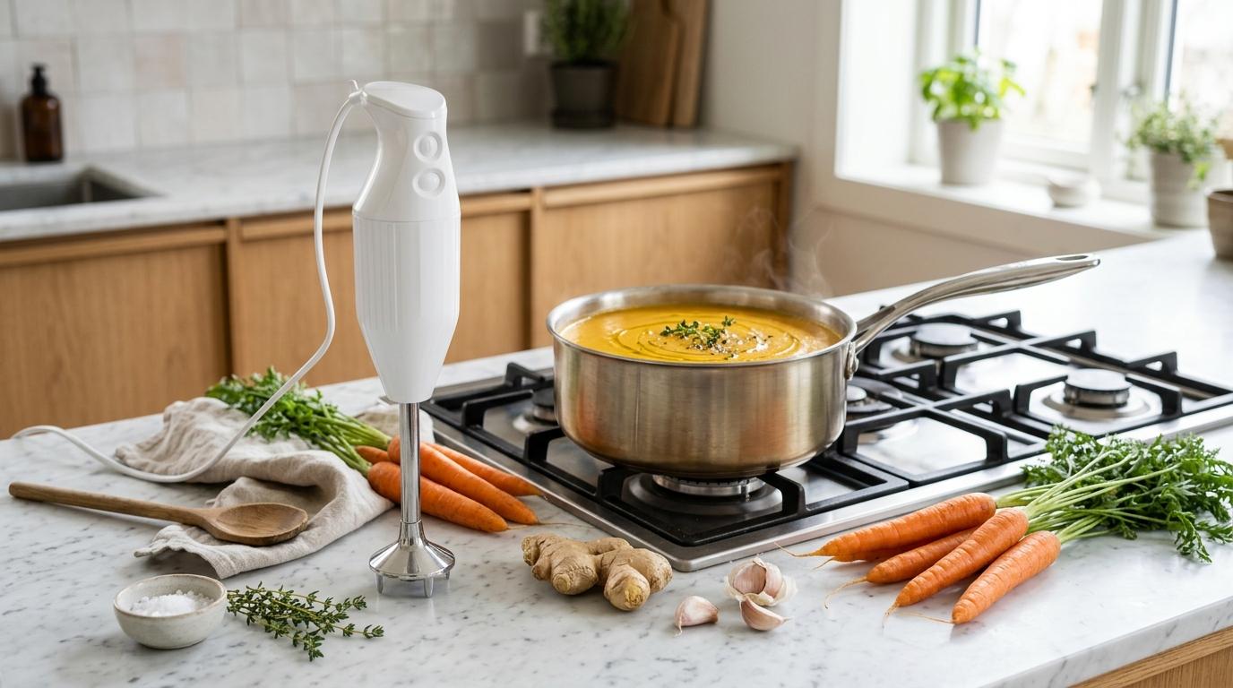 Bamix Classic stavmikser i hvit på marmorbenk med butternut squash-suppe