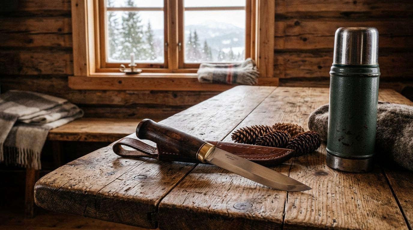 Brusletto Bruslettokniven turkniv med skinnslire på trebenk i hytte