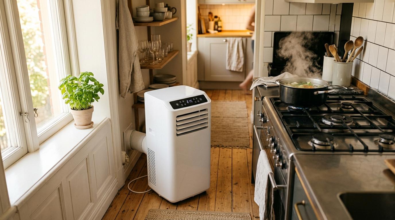 Haus & Luft V20 portabel aircondition ved siden av komfyr i varmt skandinavisk sommerkjøkken