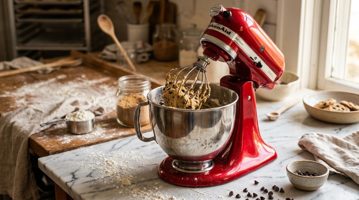 Rød KitchenAid Artisan kjøkkenmaskin med deig på marmorbenk