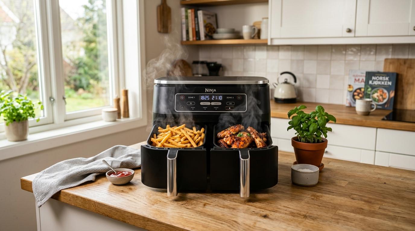 Dual basket airfryer med pommes frites og kyllingvinger