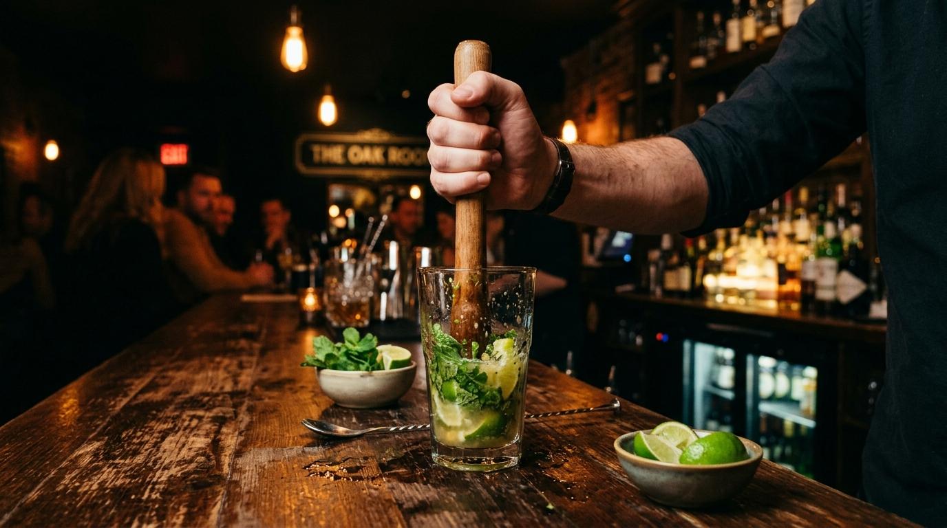 Muddler i gun metal-finish brukt til å knuse mynte i et glass