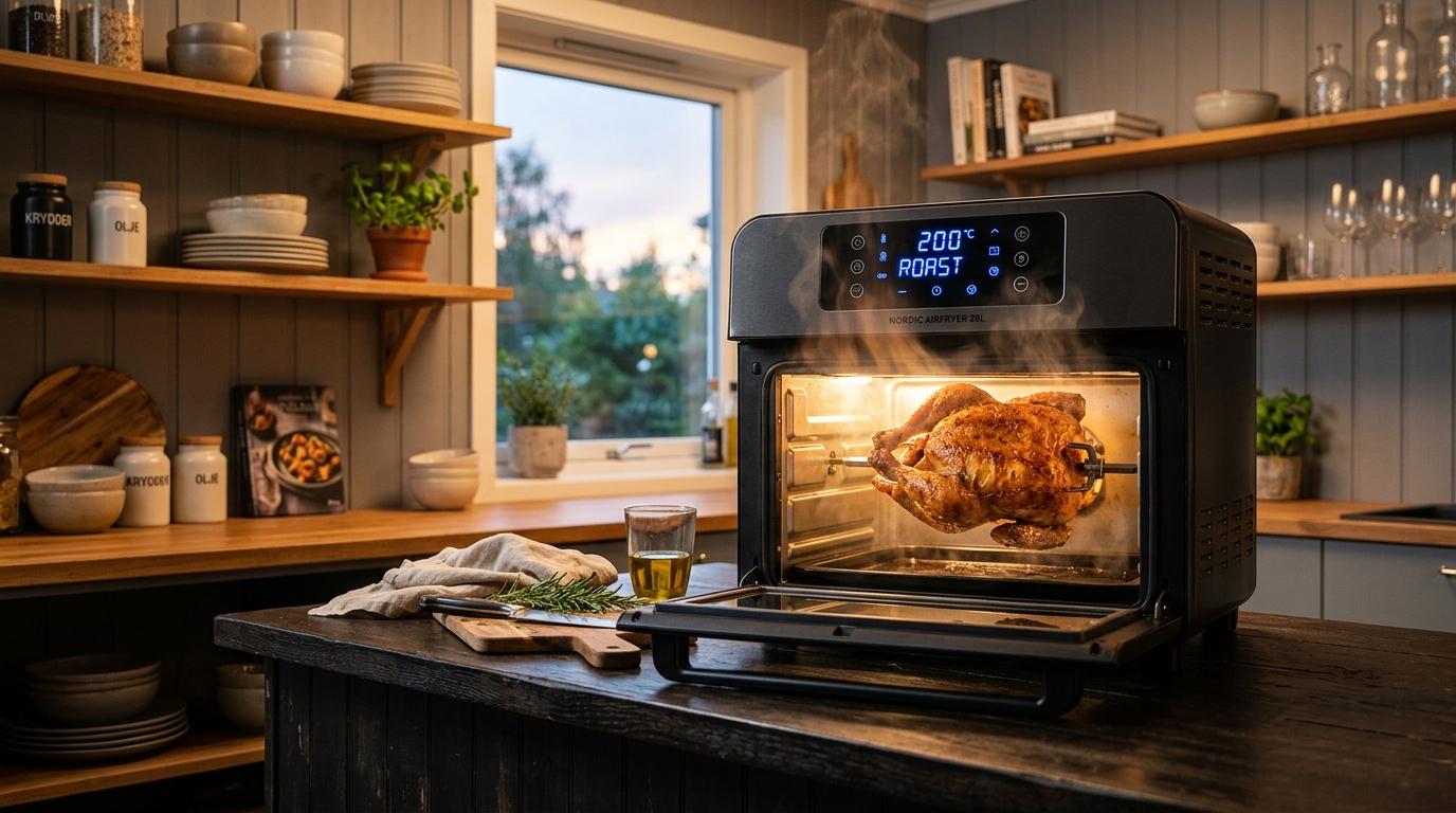 Stor 28L airfryer-ovn med roterende kylling på spyd