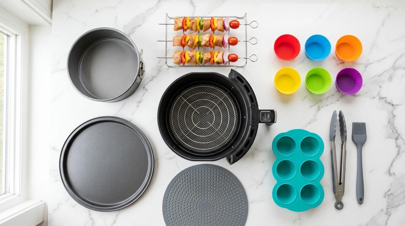 Premiumtek airfryer tilbehørspakke 7L med pizzapanne, spyd, silikonform og børste i flatlay på marmorbenk
