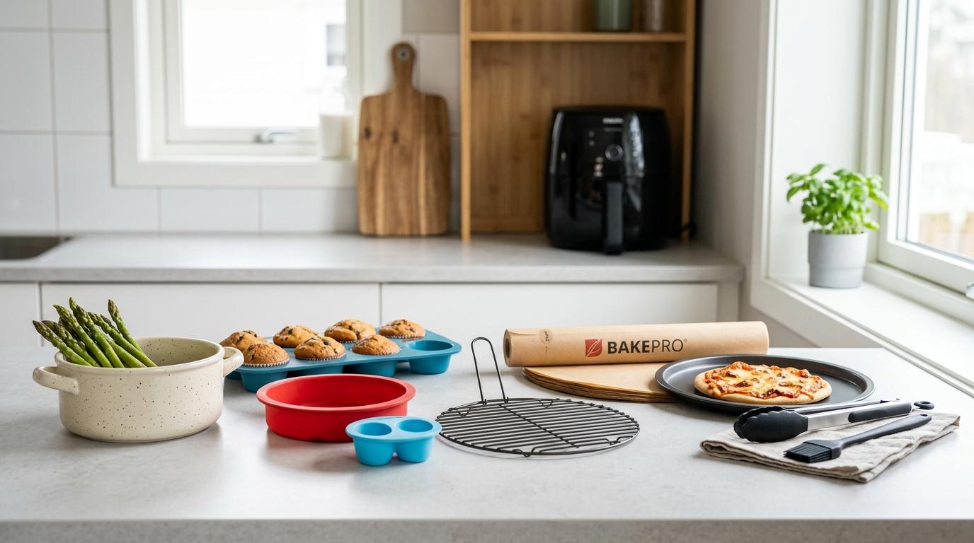 Airfryer-tilbehør arrangert på kjøkkenbenk