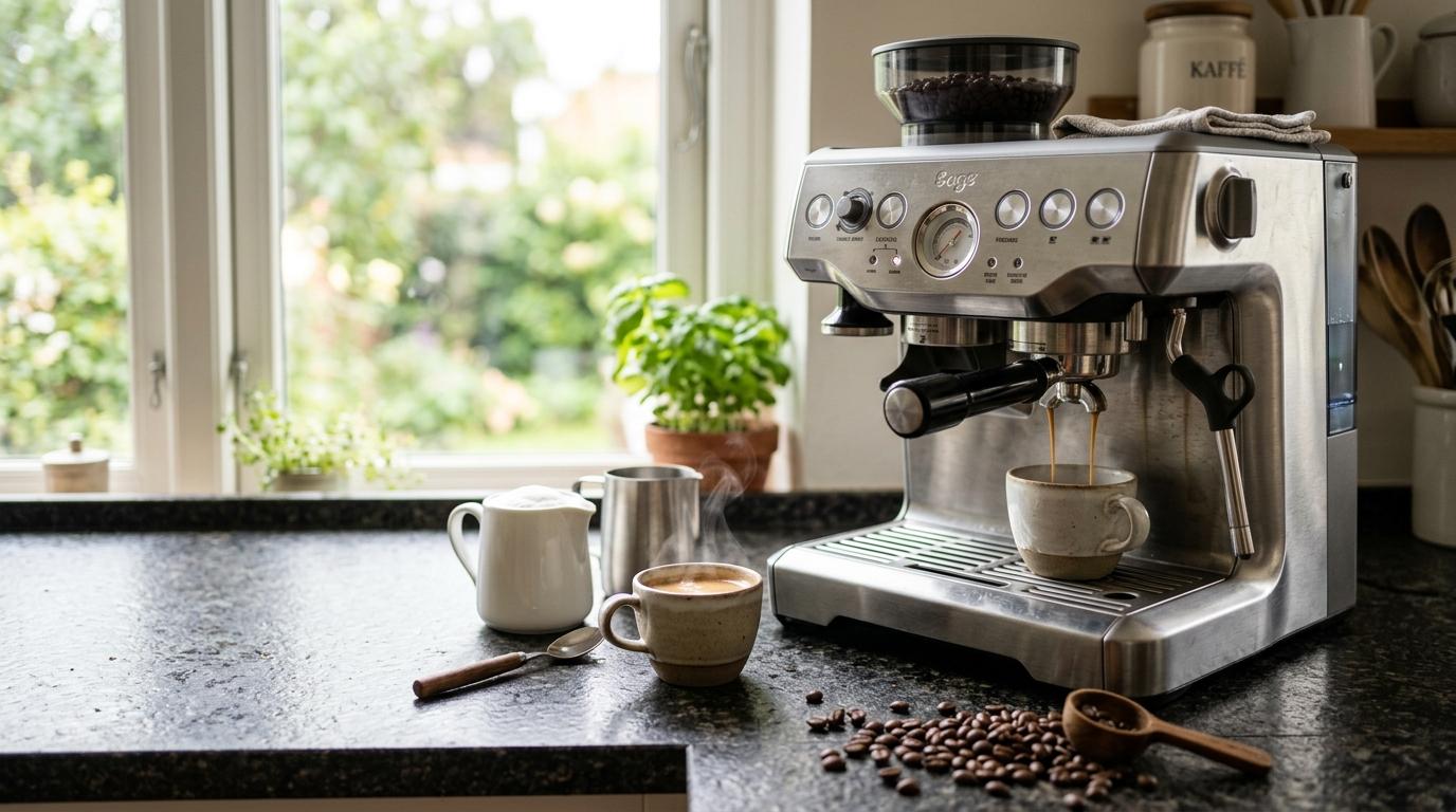 Sage Barista Express espressomaskin med dampende kopp espresso på kjøkkenbenk