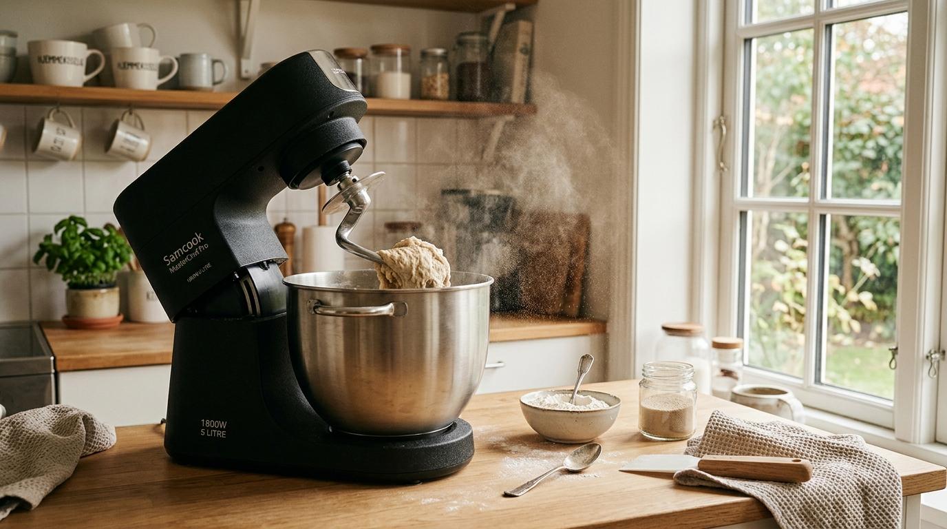 Samcook MasterChef Pro kjøkkenmaskin med deigkrok i bruk på skandinavisk kjøkkenbenk