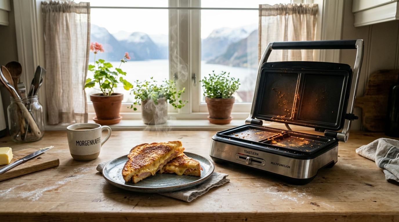 Multifunksjons toastjern med grillet toast på lys kjøkkenbenk