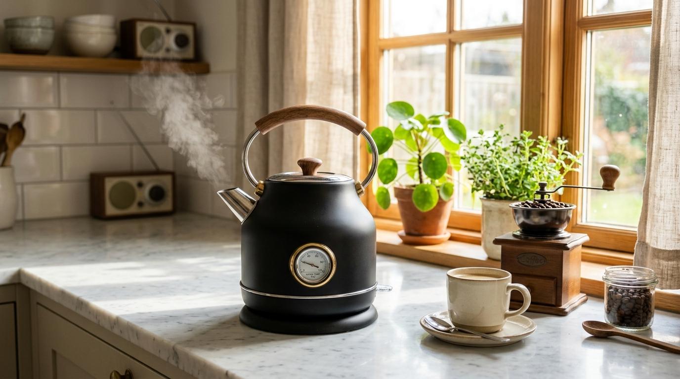Samcook QuickBoil retro-vannkoker i rustfritt stål på kjøkkenbenk med kaffe og te
