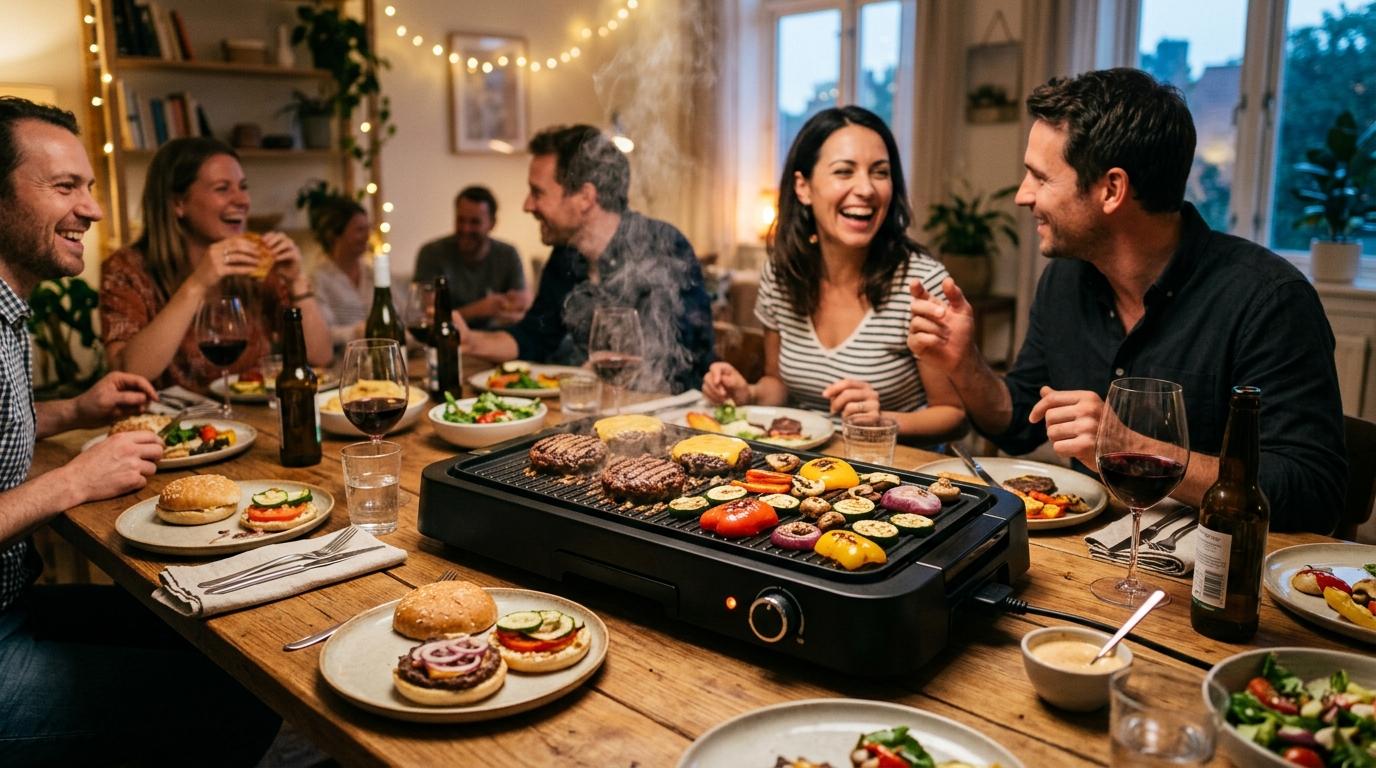 Elektrisk bordgrill med dampende hamburgere midt på spisebord