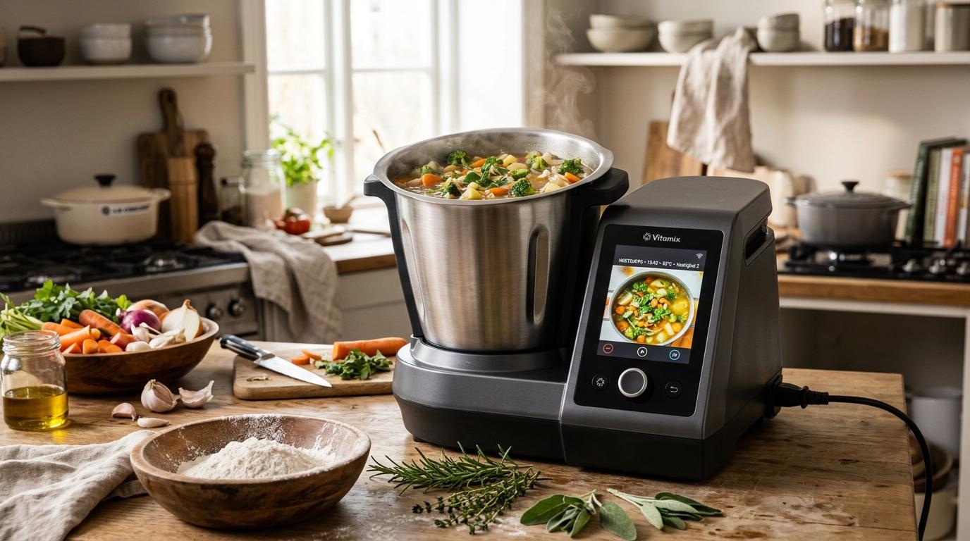 Multifunksjons kjøkkenmaskin med touch-skjerm og dampende suppe i rustfri bolle