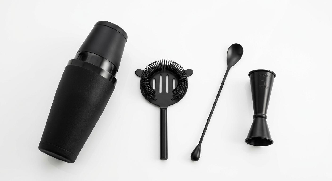 Svart vinyl Boston shaker sett med shaker, strainer, barskje og jigger
