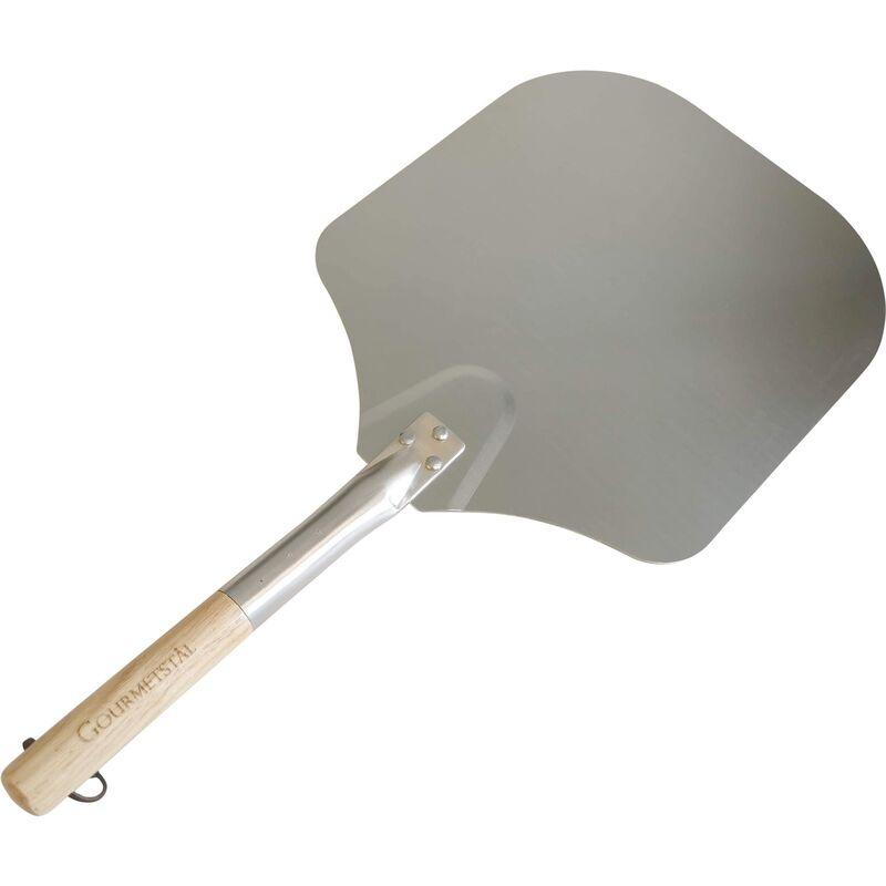 Gourmetstål pizzaspade i aluminium med trehandtak i rustikk stil med logo og opphengskopp