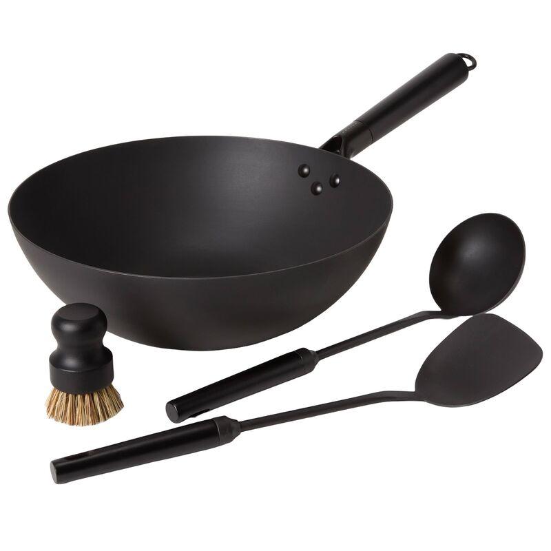 Satake woksett i karbonstål 32 cm med spade, øse og rensebørste