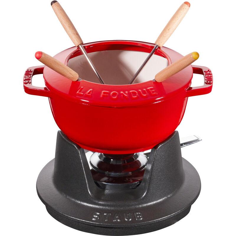 Staub fonduesett i rødt emaljert støpejern med fire fonduegafler