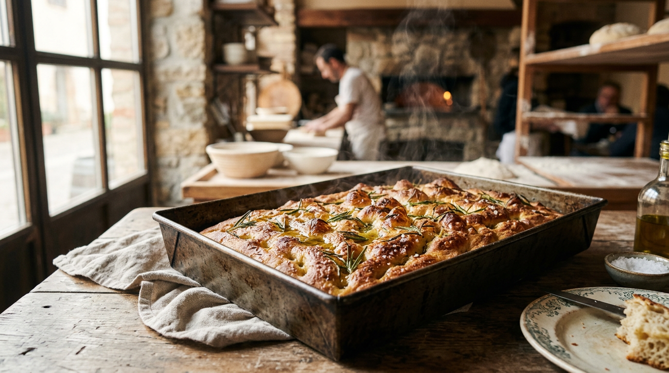 Nybakt focaccia i langpanne med rosmarin, flaksalt og olivenolje, dampende varm