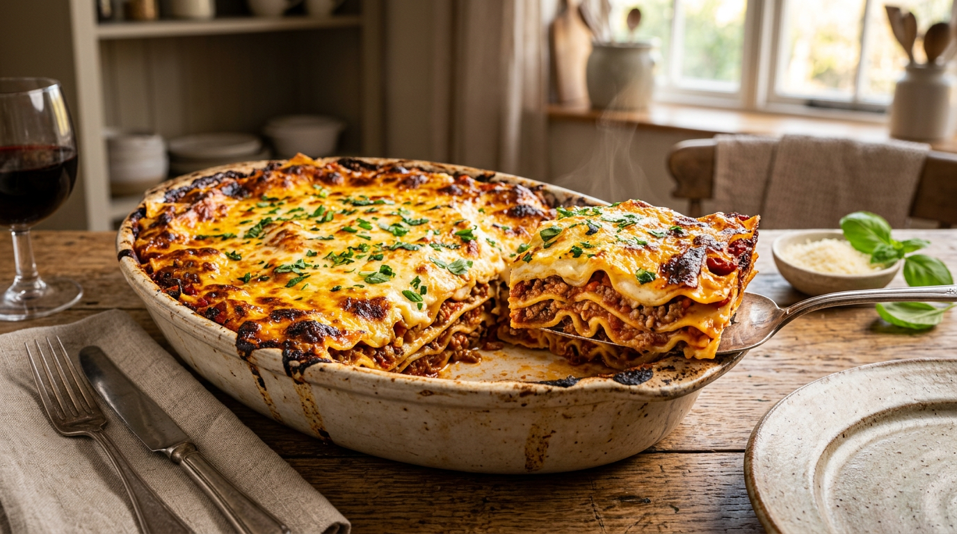 Hjemmelaget lasagne i keramisk form med gyllen ostetopp og dampende skive på siden